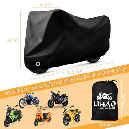 LIHAO Motorcycle Cover, Waterproof Motorbike Cover Outdoor Motorcycle Shelter Rain Dust UV Protector with Lock-Hole & Storage Bag, 300D, All Weather - size: 300D