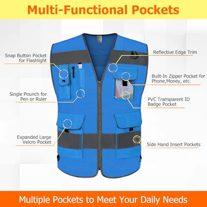TCCFCCT Mesh Reflective Vest 9 Pockets High Visibility Safety Vest for Men Women, Hi Vis Construction Vest with Reflective Strips, Meets ANSI/ISEA Standards, (Blue, Small) - color: Blue, size: Small