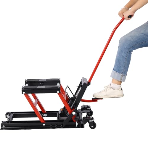 1500 LBS Hydraulic Motorcycle Lift Jack, Red Steel ATV Scissor Lift Table with 4 Swivel Wheels, Foot-Operated Hydraulic Hoist Stand with 2 Tie Down Straps for Garage Repair (Red) - color: Red