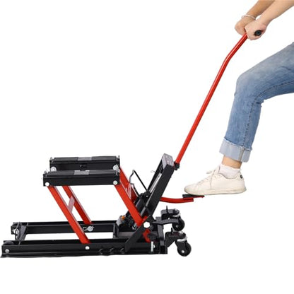 1500 LBS Hydraulic Motorcycle Lift Jack, Red Steel ATV Scissor Lift Table with 4 Swivel Wheels, Foot-Operated Hydraulic Hoist Stand with 2 Tie Down Straps for Garage Repair (Red) - color: Red