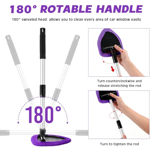Baderke 9 Pcs Car Windshield Cleaner Tool Kit with with Extendable Handle, Microfiber Towel Pads, Sponge, Ventilation Brush, Empty Spray Bottle for Auto Glass Wiper Suvs Rvs & Home Windows(Purple) - color: Purple