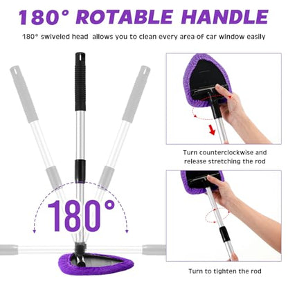 Baderke 9 Pcs Car Windshield Cleaner Tool Kit with with Extendable Handle, Microfiber Towel Pads, Sponge, Ventilation Brush, Empty Spray Bottle for Auto Glass Wiper Suvs Rvs & Home Windows(Purple) - color: Purple