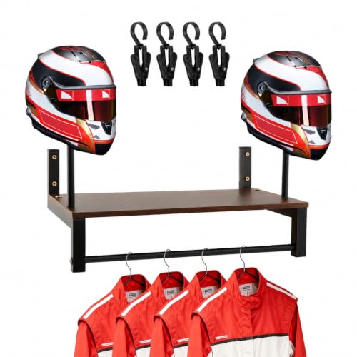 Motorcycle Helmet Holder Wall Mount, 2 Helmet Stands with Gear Rail and 4 Detachable Clips, Wood and Metal Helmet Rack, 16.14 x 10.24 x 13.38 in, Includes Storage Bag and Hardware