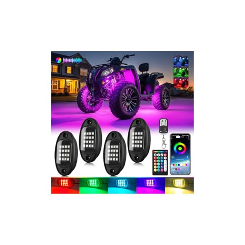 4Pods RGB LED Rock Lights for UTV SXS RZR Can-Am Four Wheeler Side by Side ATV Offroad Golf Cart, Multicolor Underglow Light Kit with APP/RF Remote Music Sync Neon Vehicle Accent Light 12V Waterproof - size: 4Pods