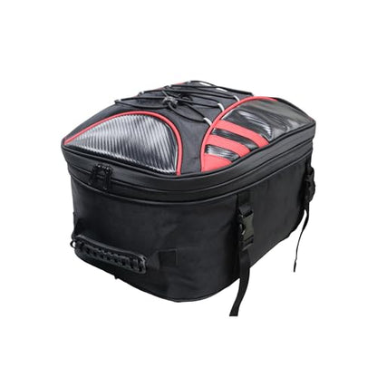 MDSTOP Motorcycle Tail Bag, Dual Use Seat Helmet Bag Backpack with Waterproof Rain Cover, 22L-34L Expandable Motorcycle Rear Seat Bag (Black+Red, M)