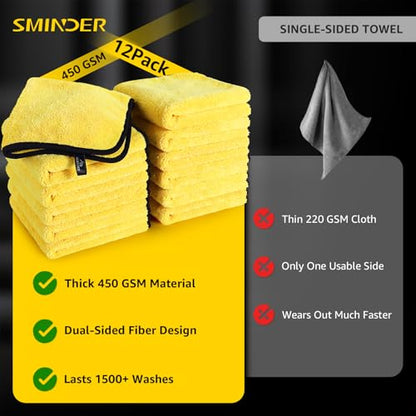 SMINDER 12-Pack Microfiber Cleaning Cloth, Car Drying Towels Car Detailing– XL Microfiber Towels for Cars, Trucks (15.7" x 15.7"), Ultra-Absorbent, Streak-Free, Scratch-Free, No Water Spots - color: Yellow