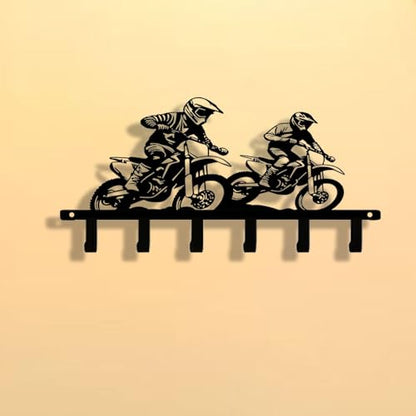 Motocross Dirt Bike 6-Hook Black Metal Entryway Rack, Keys Coats Towels Wall Decor