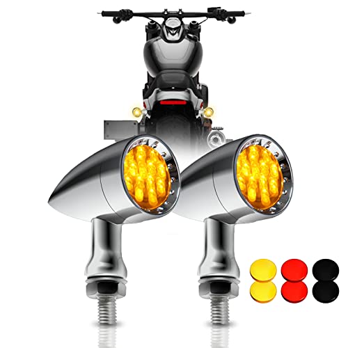 DREAMIZER 2pcs Chrome Bullet 15 LEDs Motorcycle Turn Signal Lights Front and Rear Indicator Lamps Compatible with Harley Honda Yamaha Cruiser Softail Sportster StreetBike Chopper Bobber (Amber lens) - color: Chrome#1