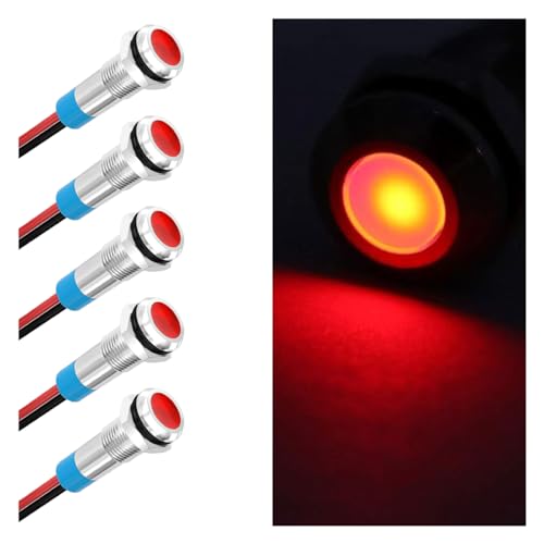 5PCS 6MM 1/4" LED Indicator Light, AC/DC 12-24V Waterproof IP66 Metal Signal Lamp, Metal Indicator with 145mm Wire, Automotive LED Indicator Light for Cars Trucks Boats (Red) - color: Red