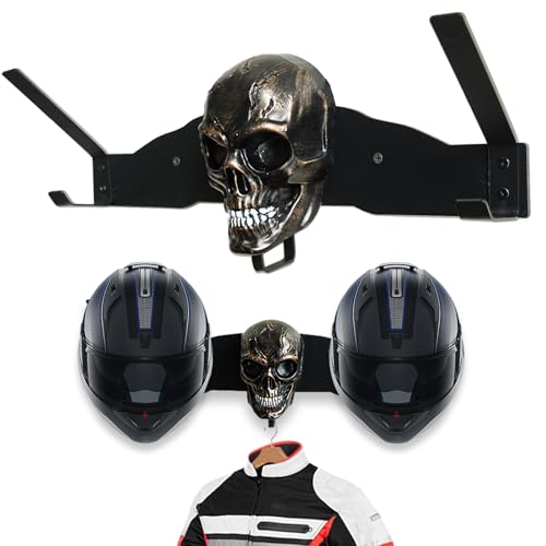 Metal Helmet Wall Mount for 2 Full Face Helmets, Garage Organizer & Gear Rack with Removable Skull Art, Ideal Gift for Father’s Day