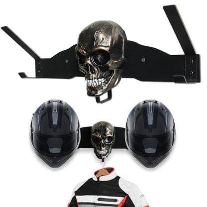 Metal Helmet Wall Mount for 2 Full Face Helmets, Garage Organizer & Gear Rack with Removable Skull Art, Ideal Gift for Father’s Day