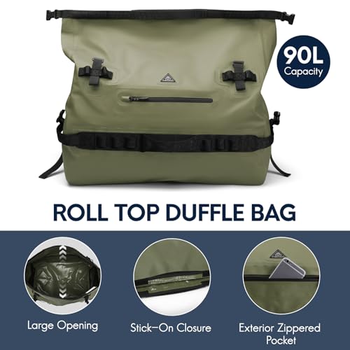 Haimont IPX7 Waterproof Roll-Top Dry Duffel Backpack | 60L/90L Sizes, 500D Tarpaulin, Welded Seams, Mesh Pockets, Boating & Kayaking - color: Army Green, size: 90L