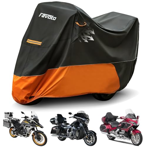 Favoto Motorcycle Cover for Harley Davidson Heavy Duty 420D Oxford | Touring Motorcycle Cover Waterproof Outdoor for Street Glide, Road Glide, Road King, Ultra Limited, CVO Fits up to 110" - size: 110" - Side+Top Box
