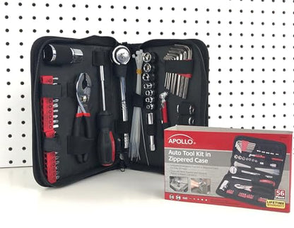 Apollo Tools 56 Piece Compact Metric Auto Tool Set in Zippered Case, Small Mechanic Tool Set for Car Emergency, Motorcycle Repair on the Road, Great for Travel Tool Needs - Red - DT9775 - style: Metric (Automotive)