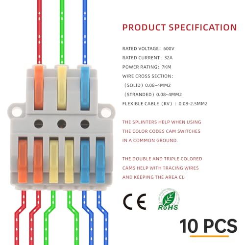 DIANN 10pcs Lever Wire Connectors 3 in 6 Out Circuit Inline Splices Electrical Wire Connector 28-12 AWG Quick Connect Splice Wire Connectors - style: 3 in 6 out