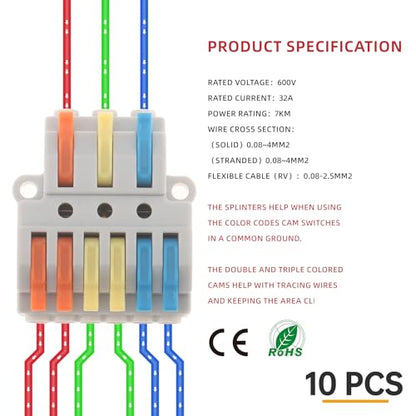 DIANN 10pcs Lever Wire Connectors 3 in 6 Out Circuit Inline Splices Electrical Wire Connector 28-12 AWG Quick Connect Splice Wire Connectors - style: 3 in 6 out