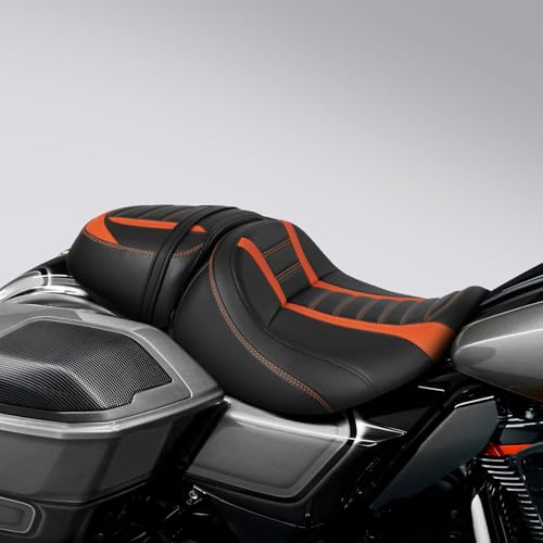 C.C. RIDER Low-Profile Rider&Passenger Seat Fit for Harley Touring 2023-2025 CVO Street Glide FLHXSE CVO Road Glide FLTRXSE 2024-2025 Street Glide FLHX Road Glide FLTRX FLTRXSTSE - size: 04# Black+ Orange Stitchs