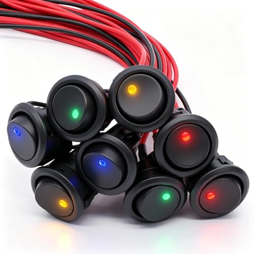 Twidec/8Pcs SPST Round Dot Lighted Rocker Switch Toggle Control for Car Or Boat 20A 12V DC On/Off 4 Colors LED Light with Pre-soldered Wires KCD2-102N-4C-X - color: multicoloured LED-Round
