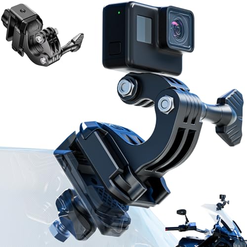 Kewig Motorcycle Windshield Camera Mount with Aluminum Alloy Clip Base, Compatible with GoPro/DJI OSMO/Insta360 Action Camera, Angle Adjustable, Quick-Release Design