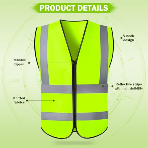 CHGANG Safety Vest, Reflective Hi Vis Vest with Zipper, High Visibility vest for Construction, Traffic - color: Yellow