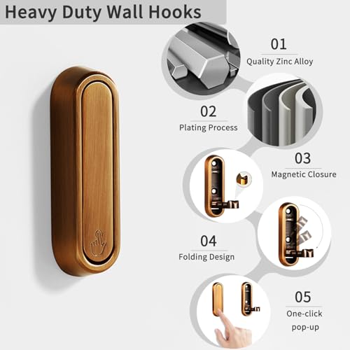 2PCS Foldable Wall Hooks, Flip Down Design with 40 lbs Heavy-Duty Capacity, Retractable Wall Hooks for Bathroom, Bedroom & Entryway Space Saving (Bronze) - color: Bronze, size: 2 Hooks