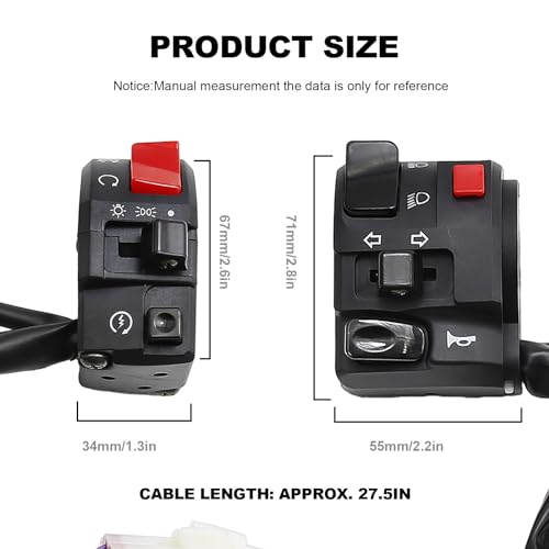 Universal 7/8" Left & Right Motorcycle Handlebar Mount Switch, Side ATV Handlebar Horn Button Turn Signal for Fog Lamp Horn Signal Wires Ignition Stop Control