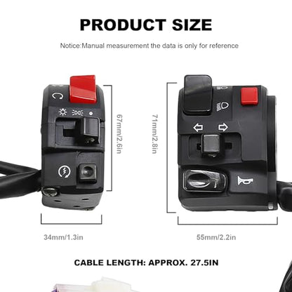 Universal 7/8" Left & Right Motorcycle Handlebar Mount Switch, Side ATV Handlebar Horn Button Turn Signal for Fog Lamp Horn Signal Wires Ignition Stop Control