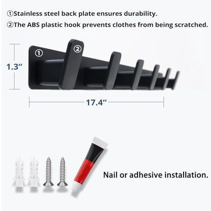 Artilife Wall Mounted Coat Rack 17.4 Inch, 6 Snag-Free ABS Hooks Protect Clothes, Heavy Duty Metal Rail with Adhesive or Screw Installation, Entryway Hanger for Jackets, Hats, Towels (1 Pack)