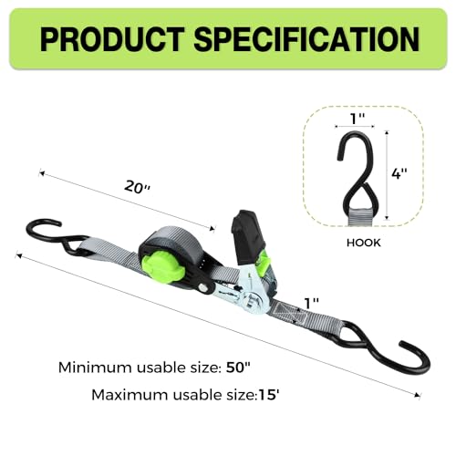 Ratchet Straps Heavy Duty 4 Pack -1in x 15 FT - 1500 LB Break Strength – with Chromoly S Hooks - Cargo Straps for Moving, Appliances, Motorcycle-Self-Storing NeatStrap - color: Green