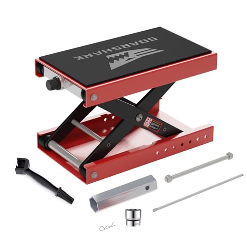 Aluminum Motorcycle Scissor Lift Jack, 1,100LBS Heavy Duty Dirt Bike Stand with Upgraded M16 Screw & Double Reinforcement Shafts, Non-Slip Rubber Pad Saddle for ATV Cruiser (Red) - color: Red