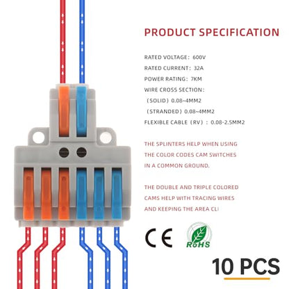 DIANN 10pcs Lever Wire Connectors 2 in 6 Out Circuit Inline Splices Electrical Wire Connector 28-12 AWG Quick Connect Splice Wire Connectors - style: 2 in 6 out