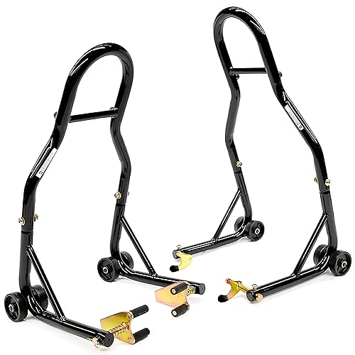 Venom Motorcycle Stand Lift, Front & Rear Combo, Universal Paddock Lift Stand, Front Wheel Fork Stand Rear Wheel Swingarm Spool Stand, Compatible With Most Yamaha Honda Kawasaki Suzuki BMW Motorcycles
