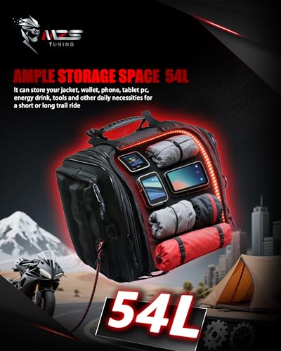 MZS Motorcycle Travel Luggage Bag, 54L Expandable Motorcycle Tail Bag Rack Trunk Saddle Storage, Motorbike Rear Seat Bag With Shoulder Strap Waterproof Rain Cover - size: 54L