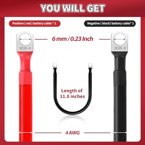 4 AWG Battery Cable 2 Pcs, 11.8 Inch Battery Cables with M6 Ring Terminals, Marine Cables Pure Copper, Ground Cable for Motorcycle, Car, Truck, Rv, Boat - size: M6/11.8INCH/4AWG
