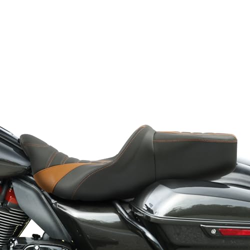 C.C. RIDER Driver Rider Passenger Seat - Rally Stripe Tuck and Roll 2-Up One-Piece Fit for Harley Touring Road King Street Glide Road Glide Electra Glide 2009-2023 - color: Black Orange seat