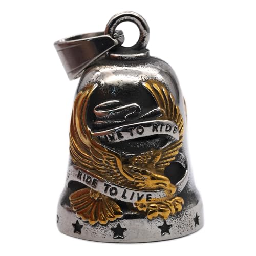 US Fly Eagle Motorcycle Bells W/Hanger for Bikers,Heavy Rider Bells Accessory & Live To Ride Key Chain for Luck - color: Gold