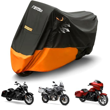 Favoto Motorcycle Cover for Harley Davidson Heavy Duty 420D Oxford | Touring Motorcycle Cover Waterproof Outdoor for Street Glide, Road Glide, Road King, Low Rider ST, Fat Boy Fits up to 108" - size: 108" - Side Box