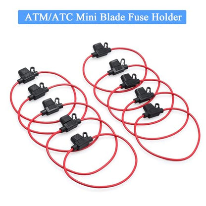 CAMWAY 10PCS Mini Blade Fuse Holder ATM/ATC - Waterproof 12V 20A Inline Wire Fuse for Car, Boat, RV, 14 AWG Copper, Safe & Reliable Circuit Protection