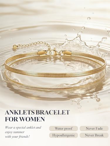 U7 Silver/Gold Ankle Bracelets for Women Layered Chain Anklets Stainless Steel Waterproof Summer Beach Anklet Cham, Adjustable 8.5"-10.5" - color: Gold - Flat Snake Chain+Snake Chain