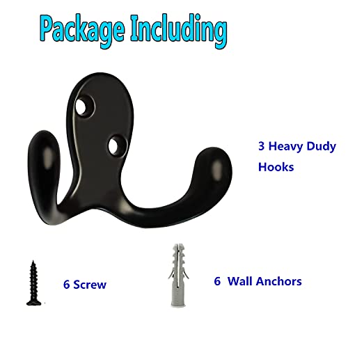 3 Pack Black Double Prong Coats Towel Hooks For Bathrooms Wall Mounted Shower Rustproof, 1.37 Oz Retro Wall Hooks Heavy Duty Hanging Towels Coat Hat Loofah Robe Key Scarf Bag Cap Kitchen Accessories