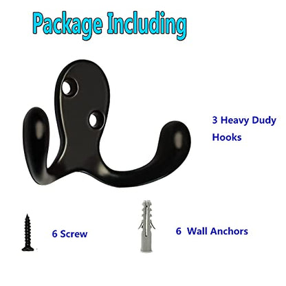 3 Pack Black Double Prong Coats Towel Hooks For Bathrooms Wall Mounted Shower Rustproof, 1.37 Oz Retro Wall Hooks Heavy Duty Hanging Towels Coat Hat Loofah Robe Key Scarf Bag Cap Kitchen Accessories