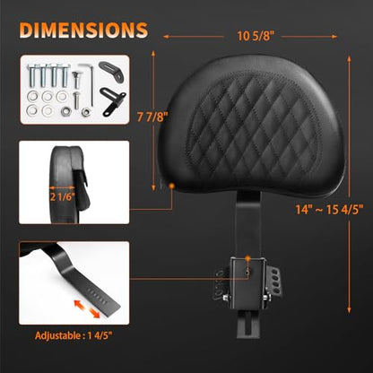 Adjustable Plug-in Driver Rider Backrest Pad Motorcycle Front Custom Mounting Kit Compatible with Harley Touring Models Road King Street Glide Electra Glide Road Glide 1997-2026 - color: Black Bar-Grid