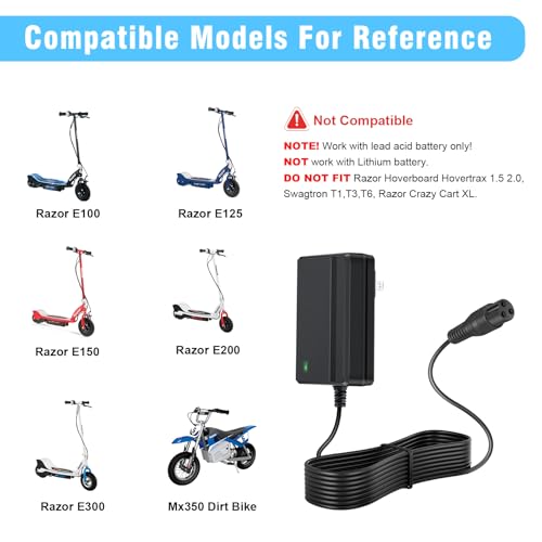 24V Electric Scooter Charger for Razor E300 E200 E150 E125 E100 MX350 Dirt Bike Pocket Mod Sports Mod Dirt Quad Motorcycle Razor Scooter Charger 3-Prong Inline Female Electric Battery Power Cord