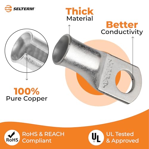SELTERM 10pcs 1/0 AWG-3/8" Stud Tinned Copper Wire Lugs, Heavy Duty Battery Cable Ends,0 Gauge Ring Terminals, UL Battery Lugs Marine Grade Copper Eyelets Electrical Battery Terminal Connectors - color: Tinned Copper Lugs, size: 1/0 Awg - 3/8" (M10) Ring