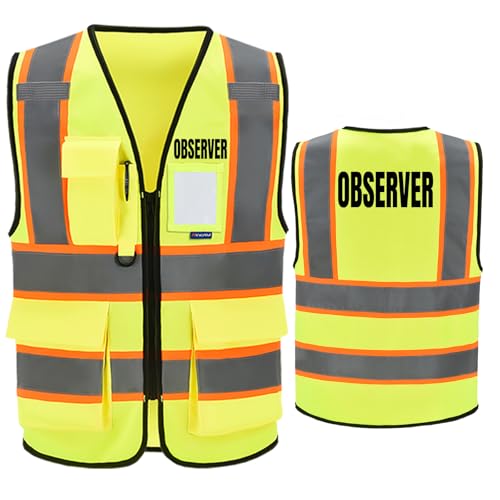 AYKRM Security Vest for Men Women 7 Pockets High Visibility Reflective Safety Vest Front Zipper Meets ANSI/ISEA - color: Yellow-observer, size: X-Small