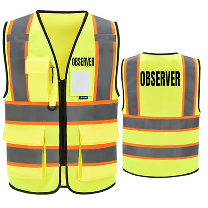 AYKRM Security Vest for Men Women 7 Pockets High Visibility Reflective Safety Vest Front Zipper Meets ANSI/ISEA - color: Yellow-observer, size: X-Small