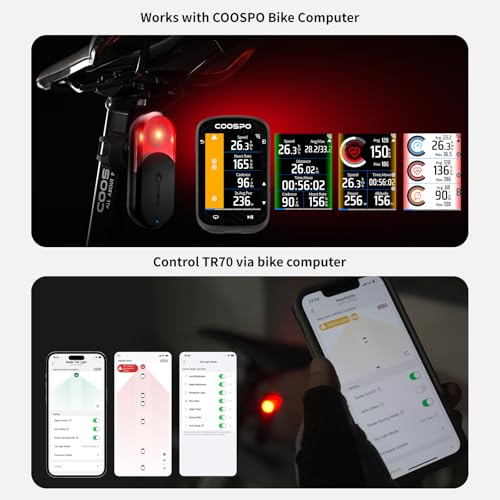 COOSPO TR70 Bike Radar Tail Light, Alerts for Vehicle in 140M, Auto Brake Highlight, 7 Lighting Modes, 40H Long Battery Life, Support APP/Garmin Cycling Computers Display for Road & MTB Cycling Safety