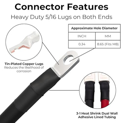 2 AWG Battery Cables with Terminals, Positive and Negative Wires Pure Copper, Auto, Solar Power Inverter, Welding, Golf Cart, Motorcycle (Red and Black, 1 FT (12 in), 5/16" Lugs on Both Ends, 2pcs) - color: Red and Black, size: 1 FT 5/16" Lugs