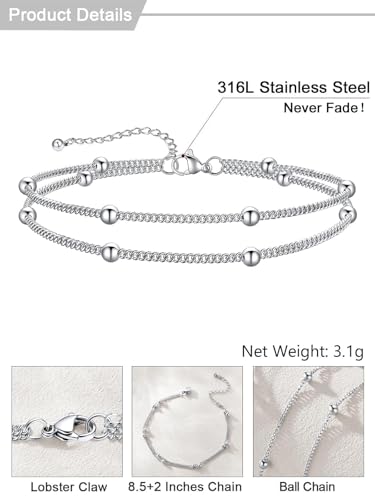 U7 Silver/Gold Ankle Bracelets for Women Layered Chain Anklets Stainless Steel Waterproof Summer Beach Anklet Cham, Adjustable 8.5"-10.5" - color: Silver - Layered Ball Chain
