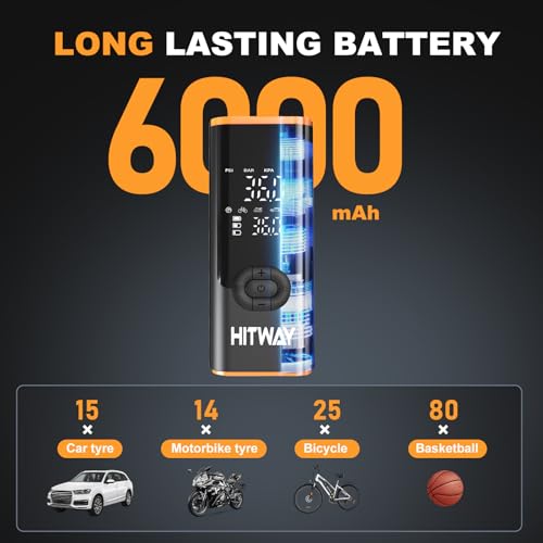 HITWAY Portable Electric Inflator Pump Supports up to 150PSI, fast inflation, suitable for car, motorcycle, bicycle tires and sports equipment, LCD display screen, USB charging, built-in LED light